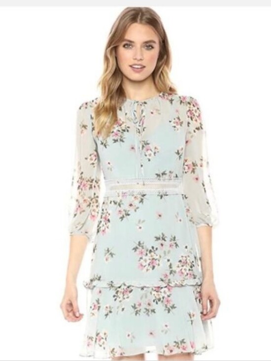 Donna Morgan Dresses & Skirts - Donna Morgan Light Blue Floral Chiffon Dress with Pink Flowers